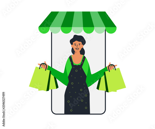 Online Shopper, A cheerful woman, depicted in a flat illustration style, stands within a smartphone screen representing an online store, holding shopping bags and beaming with satisfaction.