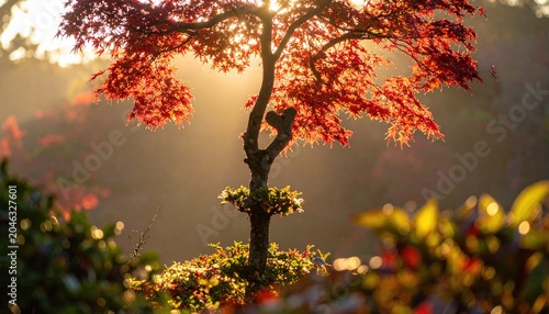 Enchanting Miniature Maple Tree Bathed in Golden Sunlight.