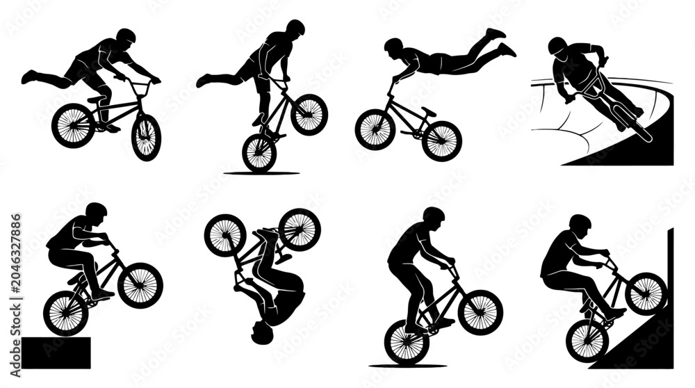 Naklejka premium Silhouette illustrations of BMX bike tricks.