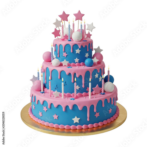 Three tier blue and pink birthday cake decorated with stars, spheres, and lit candles on a round gold cake stand isolated on a transparent background