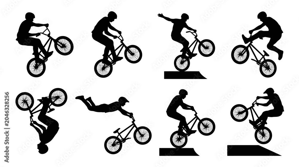 Obraz premium Silhouette illustrations of people performing bicycle stunts.
