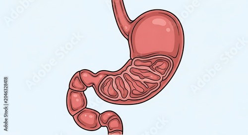 Human digestive system with highlighted stomach and intestines.
