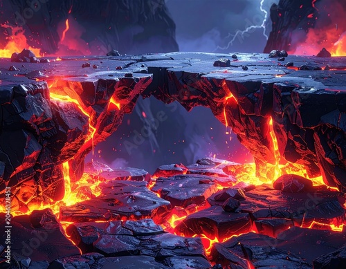 Fiery Lava Landscape with Lightning Strikes and Volcanic Activity.