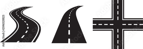 road and intersection icon set with curved highway and crossroads symbols vector illustration