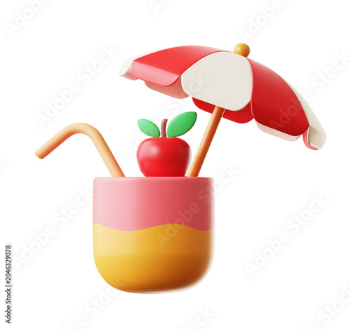 colorful drink with umbrella and apple on top isolated on transparent background