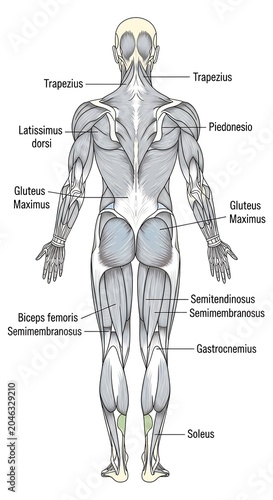 Human muscular system anatomical diagram front view.