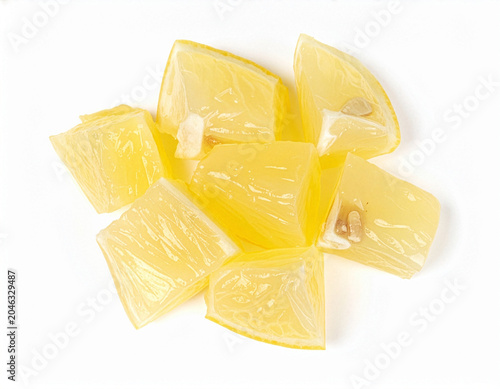 Lemon pulp pieces on white background