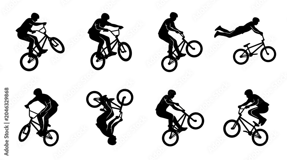 Naklejka premium Silhouette illustrations of bicycle tricks.