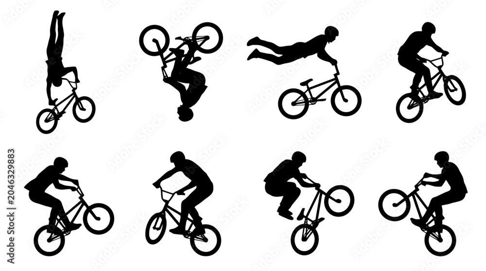 Naklejka premium Silhouette illustrations of cyclists performing stunts.