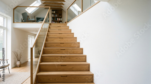 Modern Minimalist Wooden Staircase with Built-in Storage Drawers in Risers Leading to a Cozy Mezzanine Loft Library and Reading Nook with Glass Railings and Natural Sunlight in Contemporary Home.