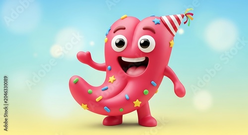 Pink cartoon unicorn with rainbow mane and tail smiling.
