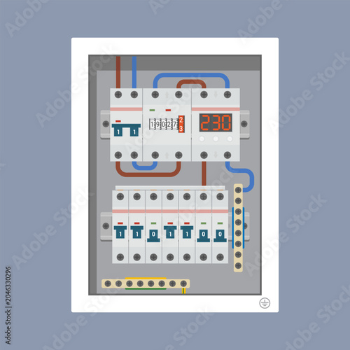 Open Electrical Circuit Breaker Panel with Modular Circuit Breakers, Wiring, Analog Watt Meter and Voltage Relay 