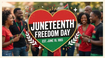 Juneteenth Freedom Day celebration, African American community festival with heart graphic, black people celebrating June 19th emancipation holiday
