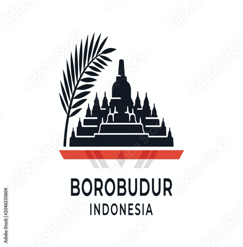 Fényképezés Borobudur temple silhouette, tropical palm leaf, red-white accent, simple geomet