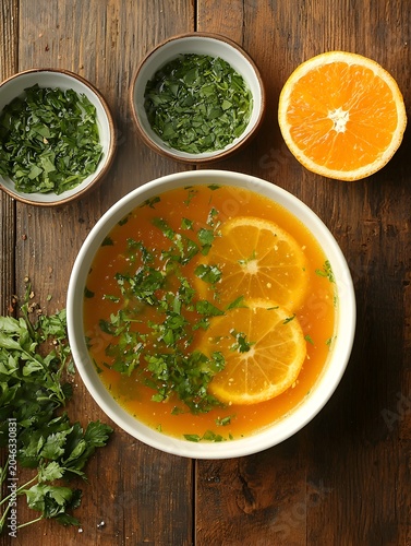 Photo of hearty vegetable soup topped with fresh herbs served on a wooden table
