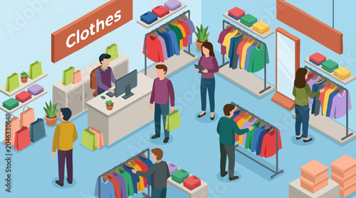 Photos Isometric illustration of a modern clothing store with shoppers and cashier