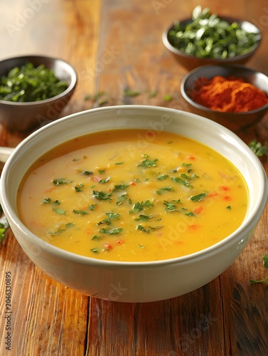 Photo of hearty vegetable soup topped with fresh herbs served on a wooden table