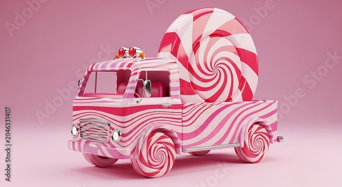 Red vintage car with white floral pattern on pink background.