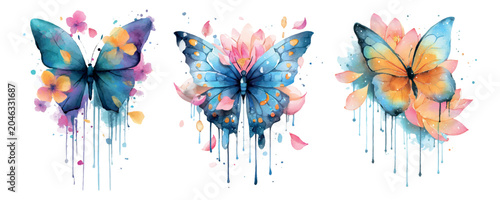 Foto Watercolor butterflies in blue, yellow and pink with flowing drips, petals and a