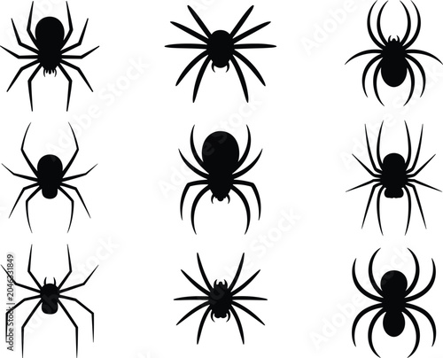 Foto Black spider silhouettes crawling on white, evoking a spooky mood for Halloween with flat lighting and high contrast sharp body