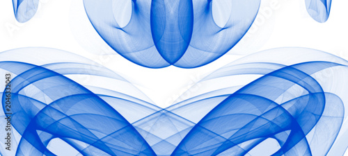 Принти на полотні Symmetrical blue abstract design with flowing, ribbon-like elements suggesting fluid motion and intricate patterns, creating a dynamic, ethereal form against a white background for versatile use