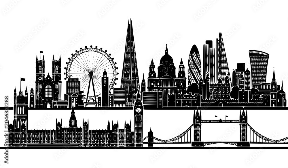 Fototapeta premium London landmarks skyline vector illustration black panoramic silhouette of England cityscape