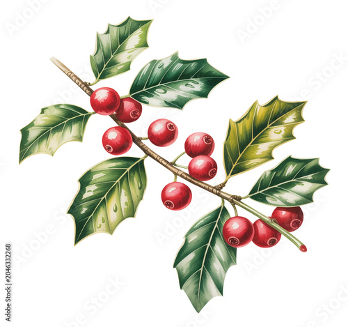 Holly branch with green leaves and red berries   isolated on transparent background