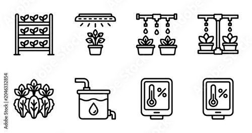 Foto Vertical Farming Icons Set, Hydroponic Systems, Growth Lights, Water Tank, Clima