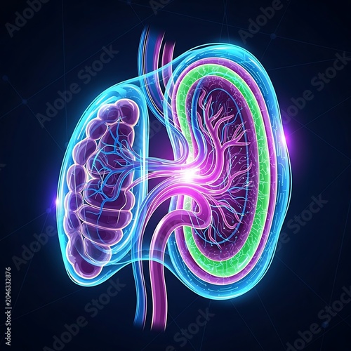 Vibrant 3D visualization of neural pathways in brain.