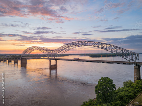 Sunset view of Hernando de Soto Bridge over Mississippi River