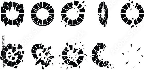 Tableau sur toile Abstract black circular explosion and fragmentation graphic elements on white ba