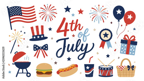 Patriotic 4th of july celebration icons with american flag fireworks bbq food