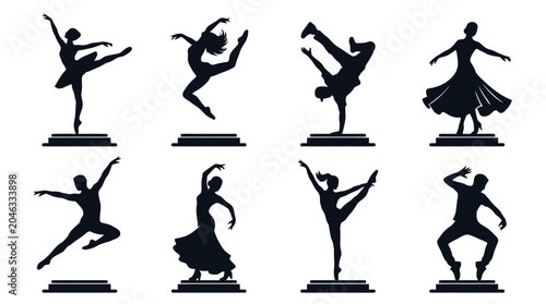 Silhouettes of dancers in various ballet poses.