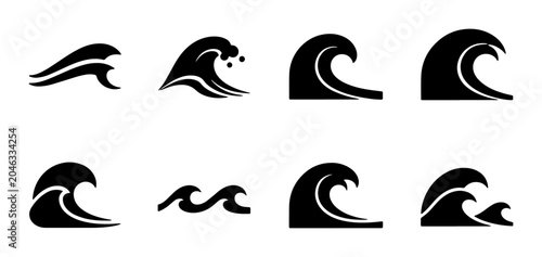 Obraz na płótnie Ocean Wave Icons Set, Nautical Sea Swell Symbols, Surfing Water Splash Graphics,