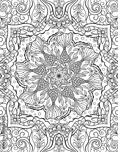 Mandala circular adult coloring book design with fish, black outline