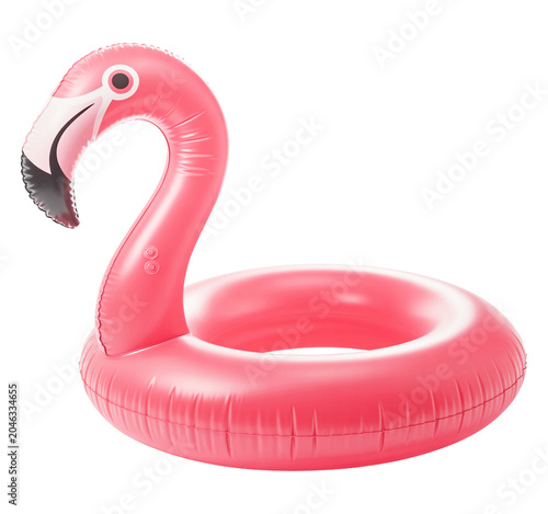 Pink flamingo shaped inflatable pool float for summer fun and relaxation  isolated on a transparent background.