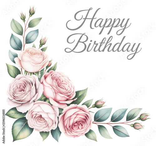 Pink roses and green leaves on white background with Happy Birthday text  on a transparent background.