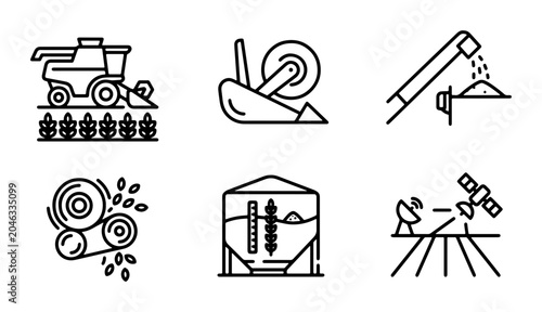 Tableau sur toile Agricultural Icons Set: Combine Harvester, Plow, Grain Auger, Seed Threshing, Si