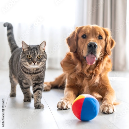 A golden retriever and a tabby cat beside a colorful ball