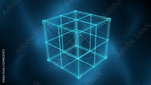 Abstract Glowing Blue Digital Wireframe Cube Technology Background