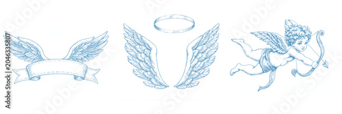 Foto Vintage Baroque Cherub Angels Wings,Hand-Drawn Blue Line Art Victorian Illustrat