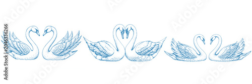 Billede på lærred Vintage Baroque Cherub Angels，Hand-Drawn Blue Line Art Victorian Illustration of