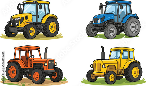 Cartoon tractors in yellow, blue, and orange colors with modern and vintage designs on grass patches for agriculture illustration