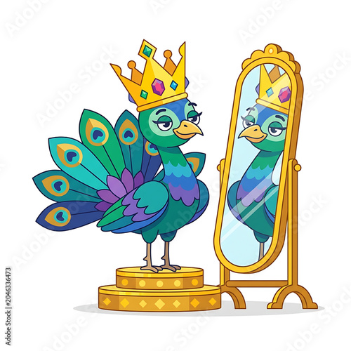 Proud Cartoon Character Admiring Reflection in Mirror Flat Design Vector Illustration
