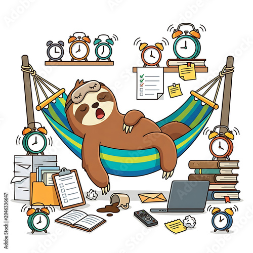 Lazy Cartoon Character Sleeping Among Unfinished Tasks Vector Illustration