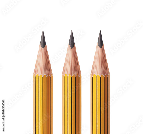 Three yellow pencils with black tips isolated on a transparent background.