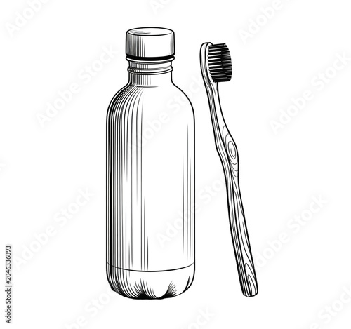Toothbrush and toothpaste bottle illustration for oral hygiene isolated on a transparent background.