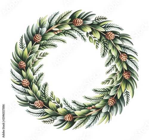 Watercolor Christmas wreath with pinecones and green leaves  isolated on a transparent background.