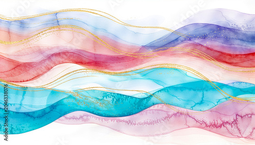 Colorful Watercolor Wave Layers Background with Pink Purple Teal Blue Gradient and Gold Glitter Accents on White