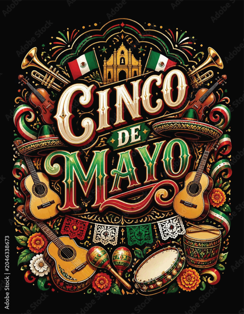 Fototapeta premium Colorful Cinco de Mayo Mariachi Instruments Festival Artwork, Typography T-shirt Vector Design